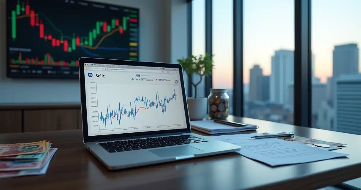Gráfico de juros da Selic ao lado de investimentos e contrato de crédito