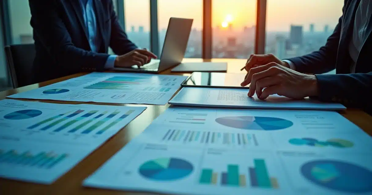 Mesa com documentos de FIDC, gráficos e análises financeiras em destaque