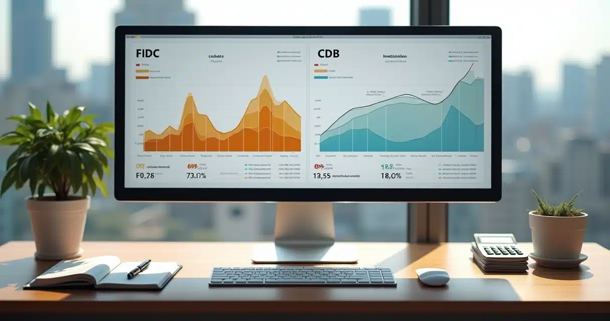 Comparação gráfica entre FIDC e CDB em tela de computador sobre mesa de investimento
