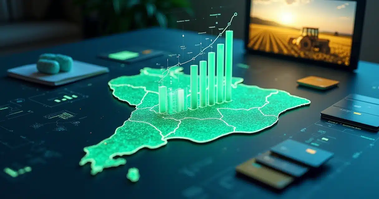 Montagem de cartões de crédito e lavoura vistos sobre mapa do Brasil com gráficos financeiros em crescimento