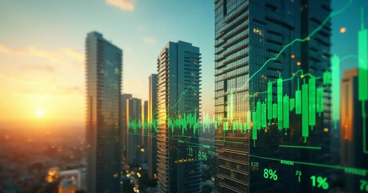 Fachadas de prédios comerciais ao entardecer com gráfico financeiro subindo ao fundo