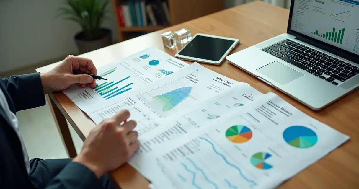 Investidor analisa gráficos e documentos de FIDC em mesa de trabalho moderna