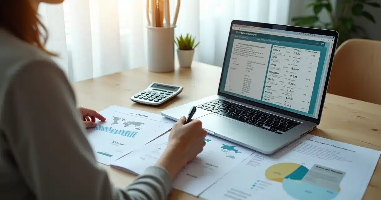 Pessoa organizando declaração de imposto com investimentos no exterior em laptop e mapa-múndi na mesa