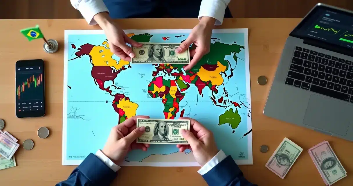 Pessoa segurando nota de dólar sobre mapa do mundo com gráficos de investimentos