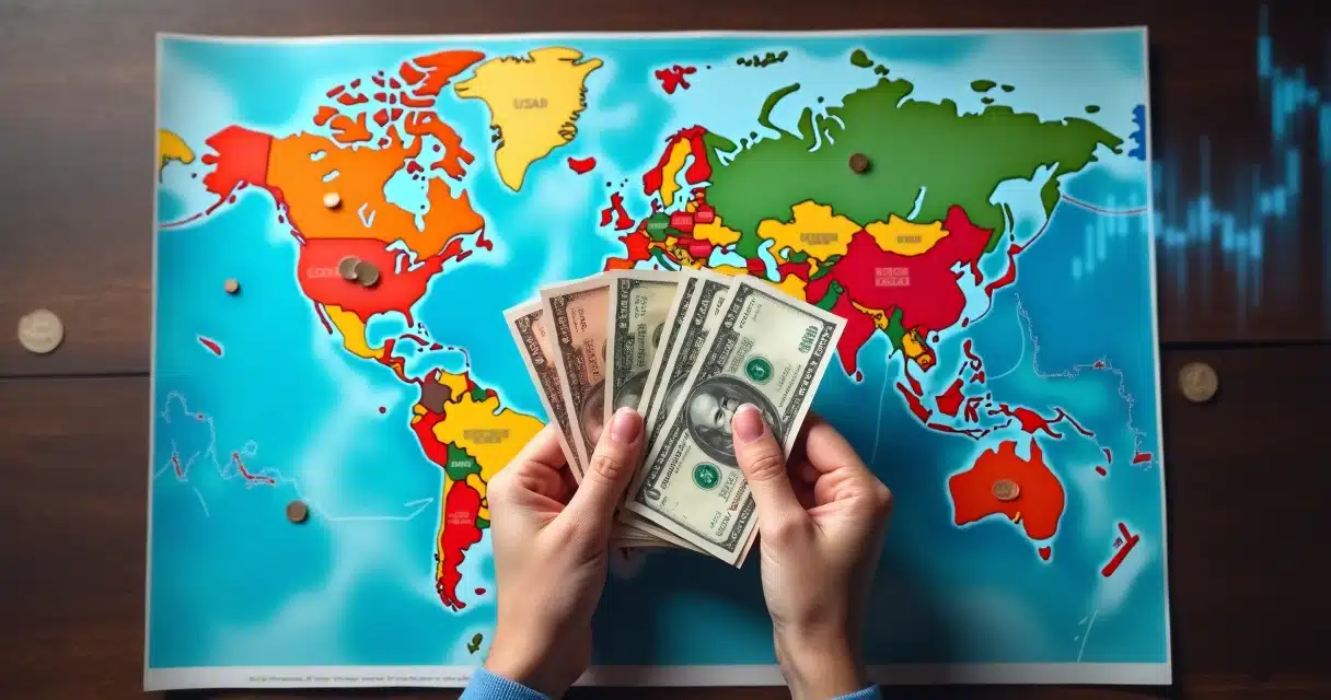 Mãos segurando notas e moedas estrangeiras sobre mapa-múndi com gráfico de câmbio