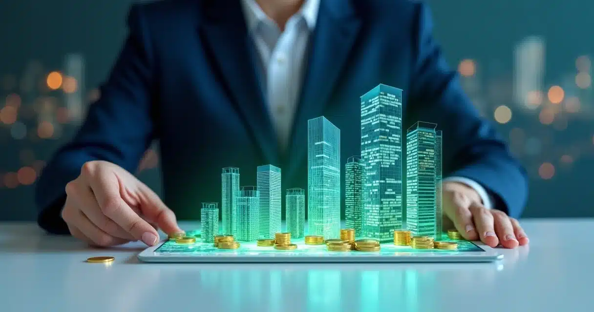 Montagem de prédios comerciais surgindo de gráficos e moedas representando fundo imobiliário