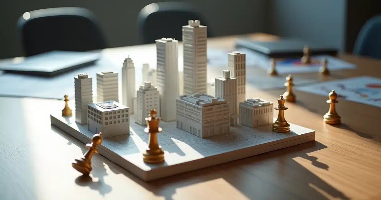 Maquete de prédios comerciais com peças de xadrez em posição de risco