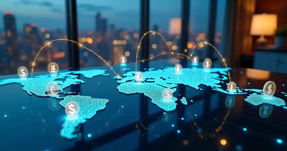 Rede digital unindo ícones de moedas de vários países